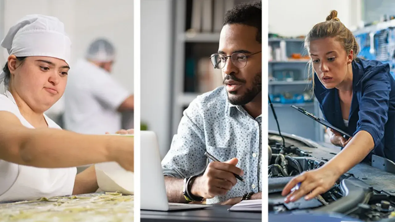 Vielfalt am Arbeitsplatz: Eine Bäckerin, ein Büroangestellter und eine Mechanikerin zeigen, wie vielfältig jobs mit menschen sein können.