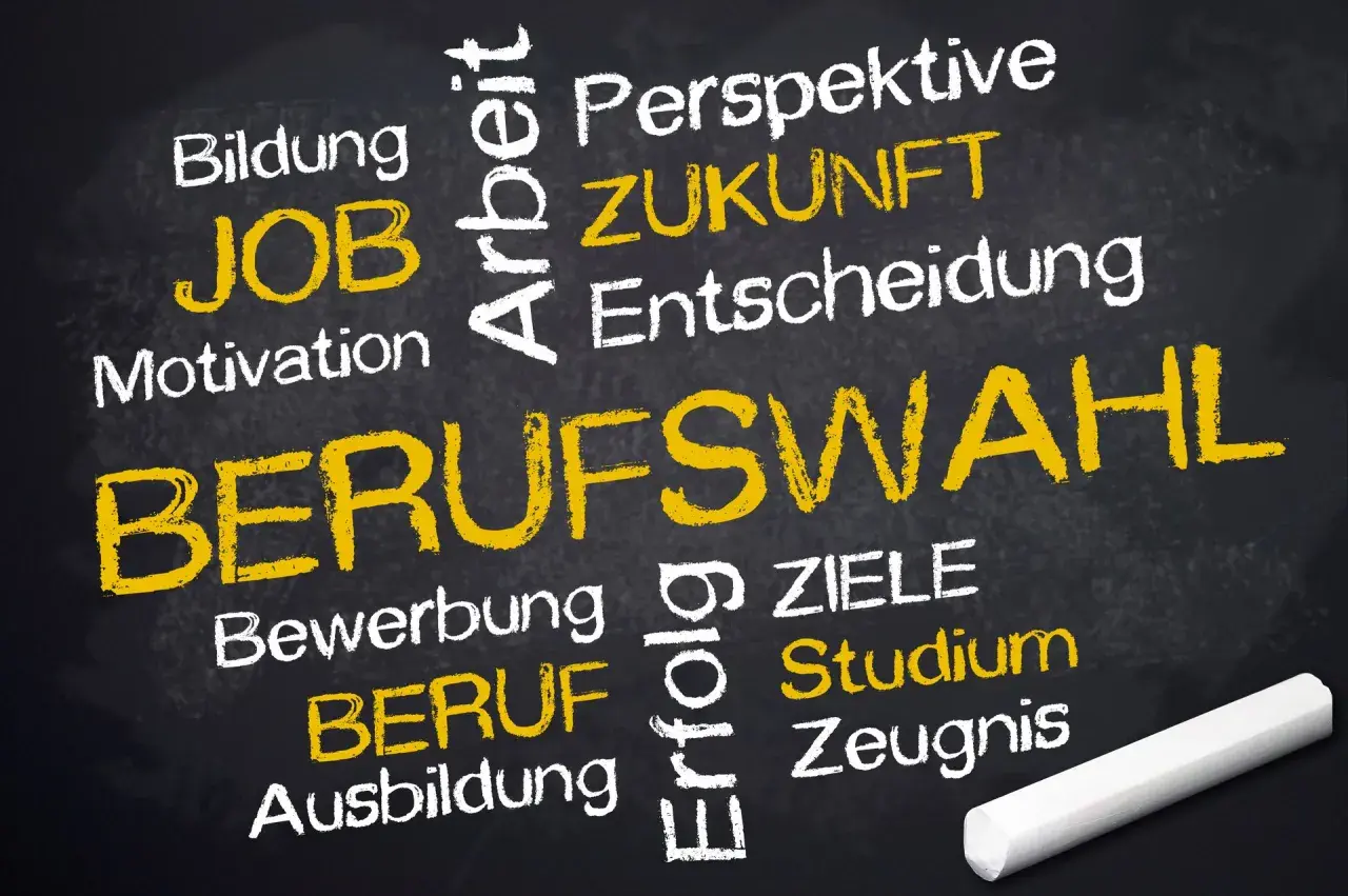 Schwarze Tafel mit Begriffen zur Berufswahl, wie "Zukunft", "Studium" und "Meteorologie Studium".