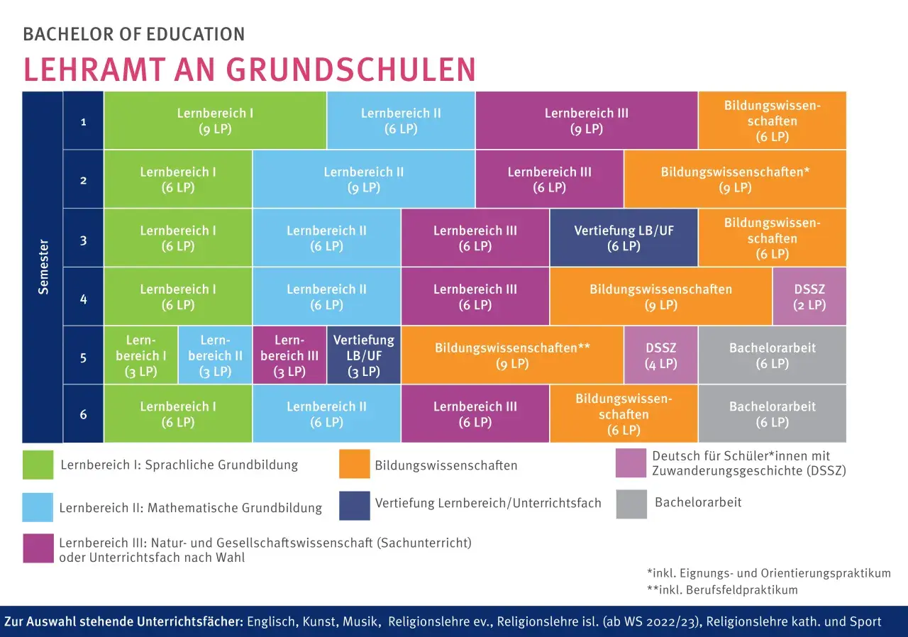 Der Lehrplan zeigt, wie lange dauert ein Lehramtsstudium an Grundschulen: 6 Semester mit verschiedenen Lernbereichen und Praktika.