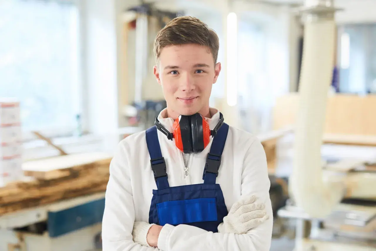 Junger Mann in Werkstatt, bereit für die Elektroniker Ausbildung. Das Gehalt netto ist ein wichtiger Faktor für die Berufswahl.
