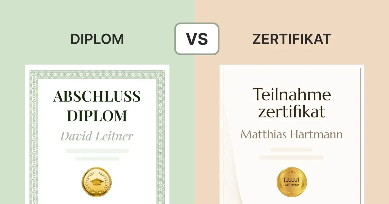 Vergleich: Ein Abschluss-Diplom für David Leitner steht einem Teilnahme-Zertifikat für Matthias Hartmann gegenüber.