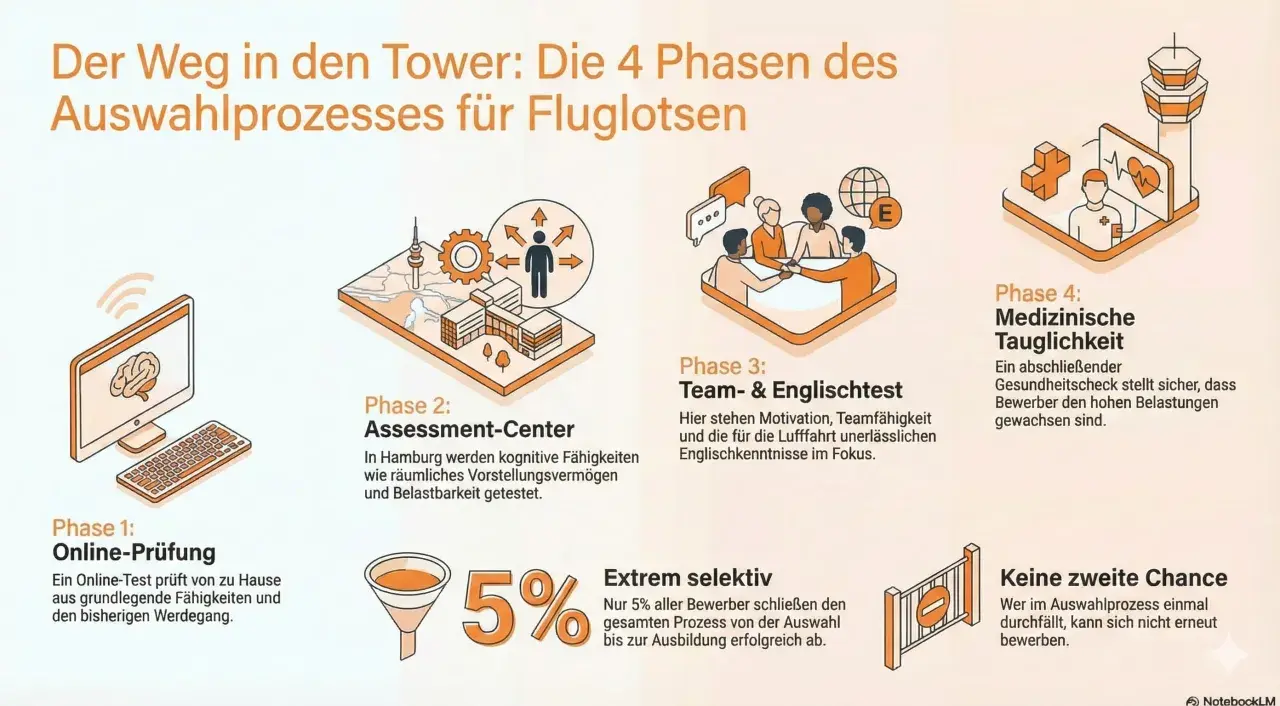 Der Weg zum Fluglotsen: 4 Phasen des Auswahlprozesses. Nur 5% schaffen die Ausbildung. Das Gehalt ist attraktiv, aber die Ausbildung ist extrem selektiv.
