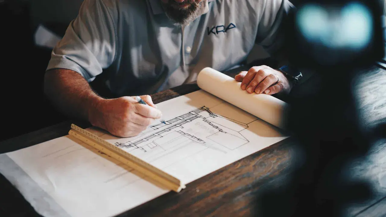Architekt skizziert Entwurf. Die Dauer des Architekturstudiums ist lang, aber die Arbeit daran ist lohnend.