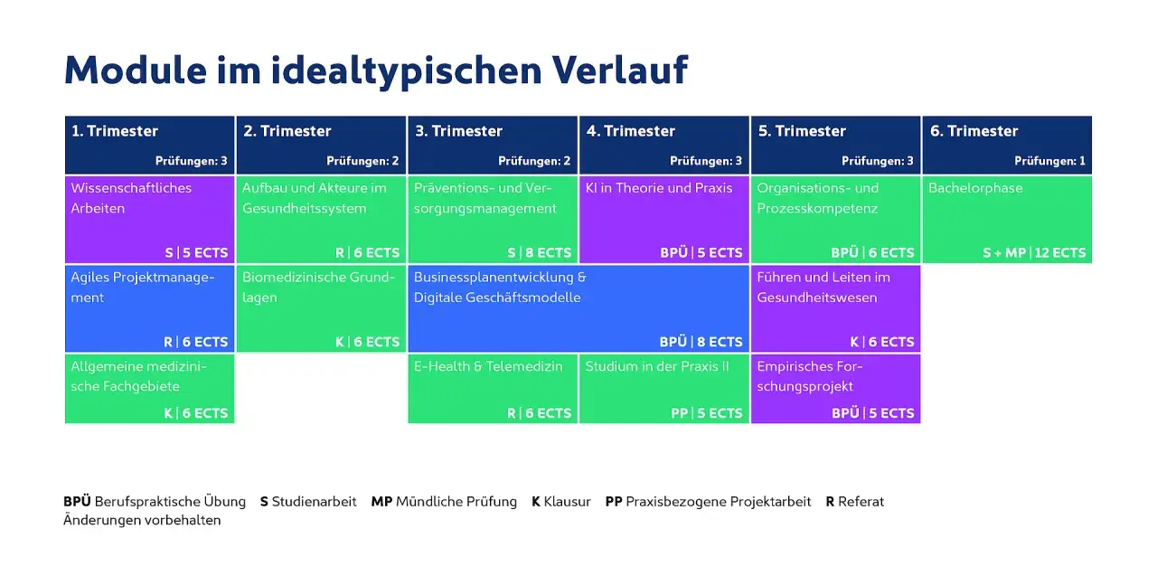 Übersicht über Module im medizinmanagement studium über sechs Trimester, mit Prüfungsformen und ECTS.