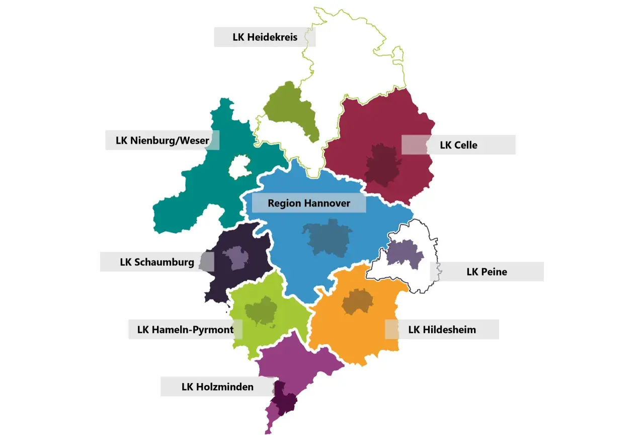 Karte der Region Hannover und umliegender Landkreise. Der Schwerpunkt Jura in Hannover wird durch die zentrale Lage der Region verdeutlicht.