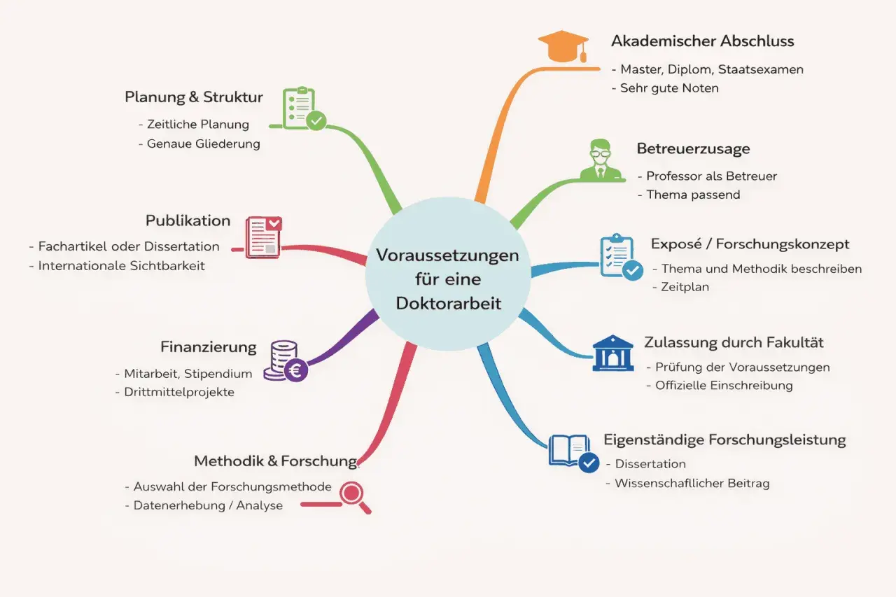 Mindmap zeigt Voraussetzungen für eine Doktorarbeit: akademischer Abschluss (Master, Diplom), Betreuerzusage, Exposé, Zulassung, Forschungsleistung, Methodik, Finanzierung, Publikation, Planung.