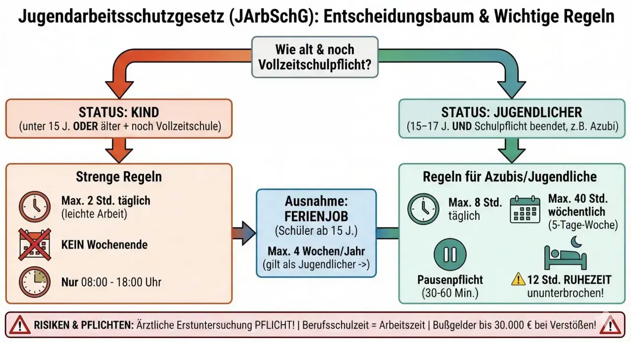 Entscheidungsbaum zum Jugendarbeitsschutz: Regeln für Kinder, Jugendliche und Ferienjobs. Minijob ab 16 möglich.
