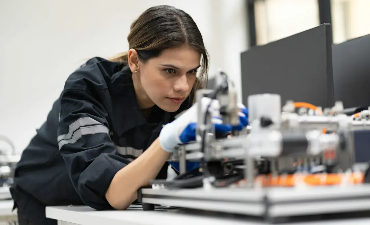 Frau in Arbeitskleidung mit Handschuhen arbeitet konzentriert an einer Maschine. Ein Beispiel für moderne Industrieberufe.