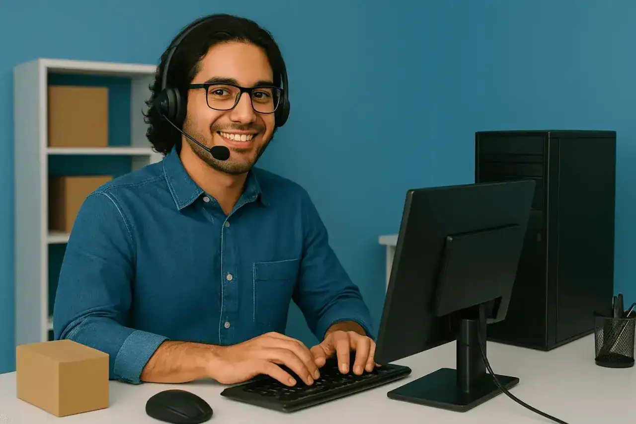 Ein lächelnder Kaufmann im E-Commerce mit Headset am Schreibtisch, bereit, Kundenanfragen zu bearbeiten. Sein Gehalt ist gut, da er im Online-Handel erfolgreich ist.