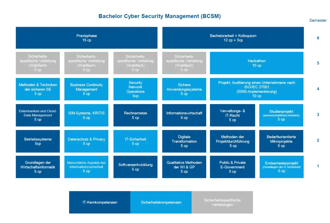 Struktur des Bachelor Cyber Security Management Studiums: Praxisphase, Wahlf&auml;cher wie IT-Sicherheit, Projektarbeit und Kernkompetenzen f&uuml;r ein umfassendes Sicherheitsmanagement Studium.
