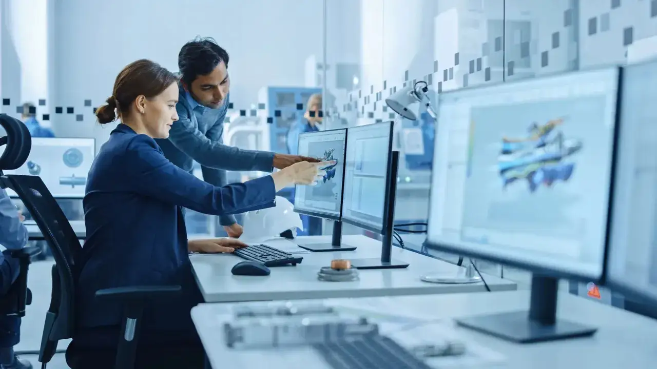 Zwei Ingenieure besprechen eine 3D-Konstruktion am Bildschirm. Ein typisches Szenario im Wirtschaftsingenieurwesen.