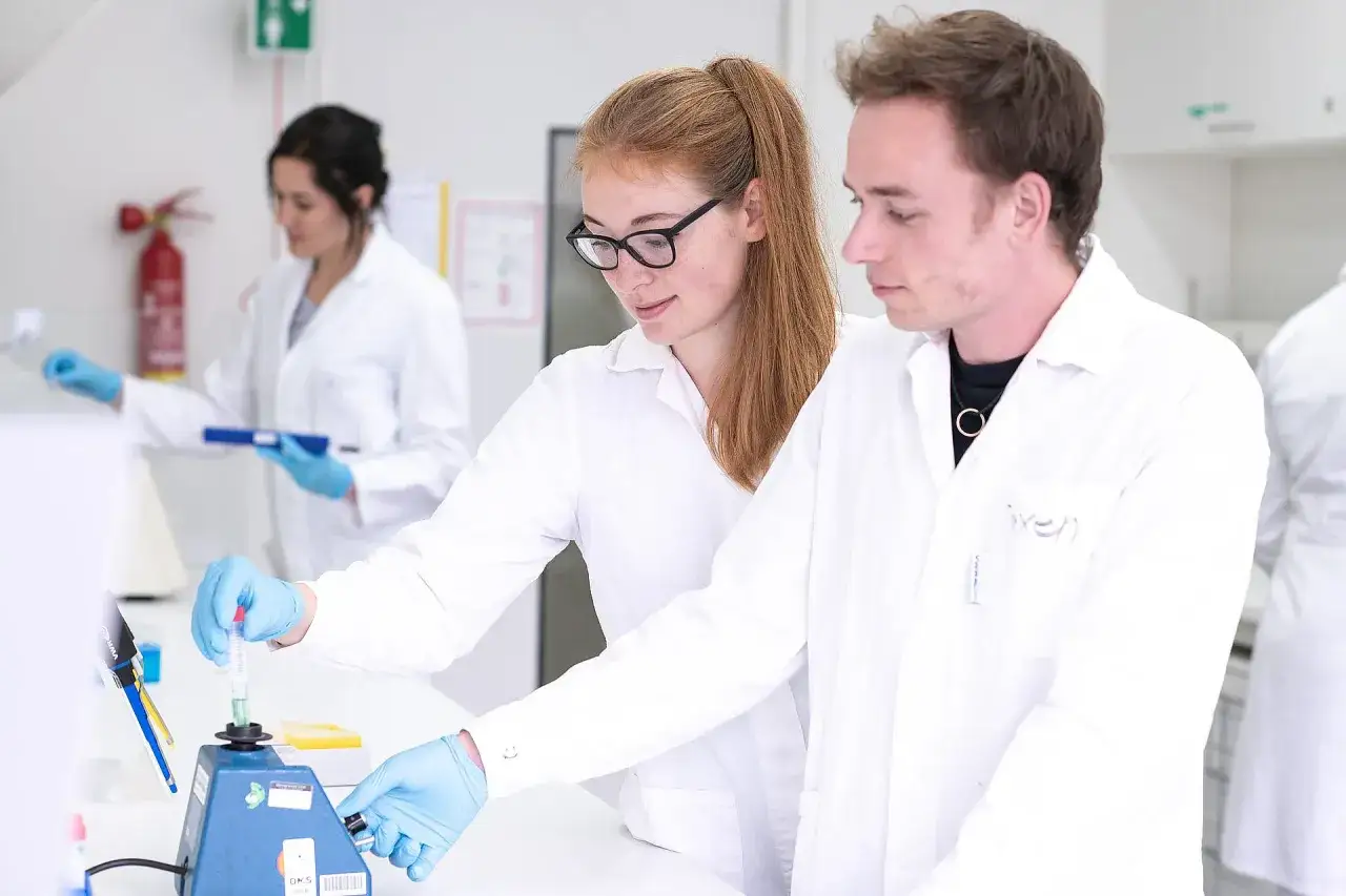 Zwei Studierende im Labor, die an einem Experiment arbeiten. Sie vertiefen sich in ihre Forschung, ein Schritt auf dem Weg zum konsekutiven Master.