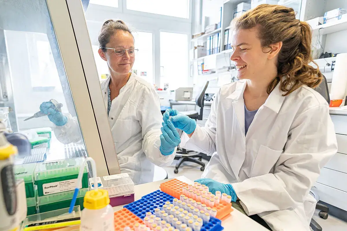 Zwei Wissenschaftlerinnen im Labor, eine mit Pipette, die andere hält ein Röhrchen. Eine tolle Erfahrung für einen hiwi job.