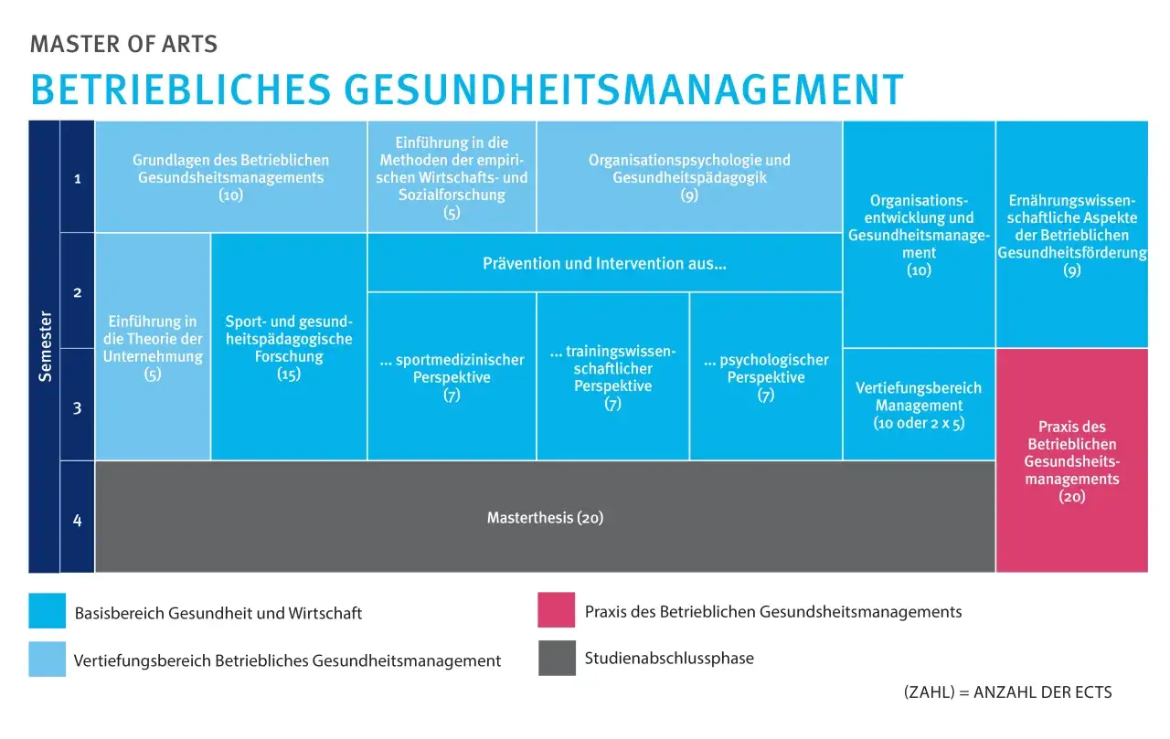 Studienverlaufsplan für ein Master of Arts im Betrieblichen Gesundheitsmanagement. Zeigt Module über 4 Semester, z.B. Grundlagen, Prävention, Praxis.