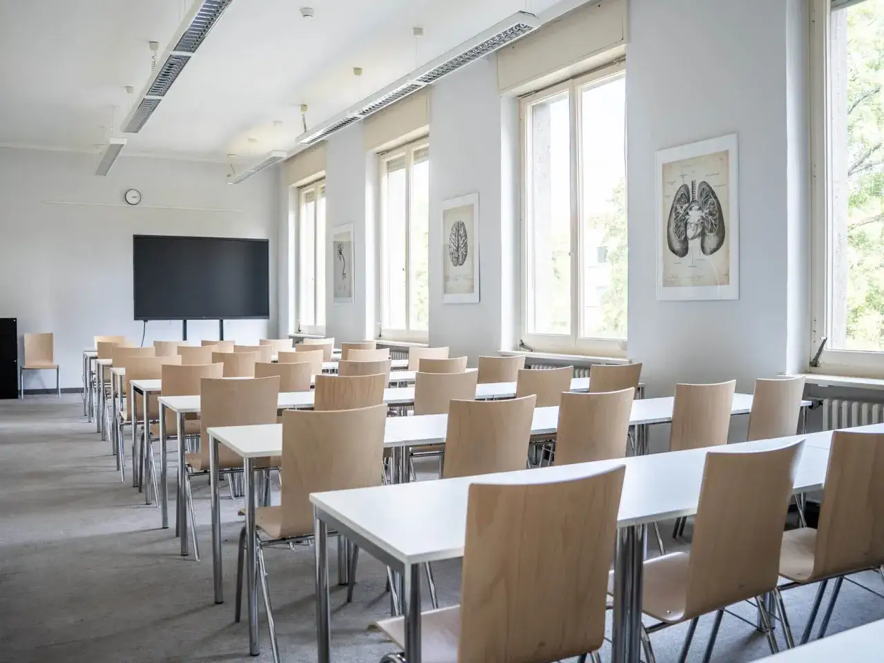 Leeres Hörsaal mit Tischen und Stühlen, bereit für eine Vorlesung über msb Psychologie. Anatomische Grafiken an der Wand.