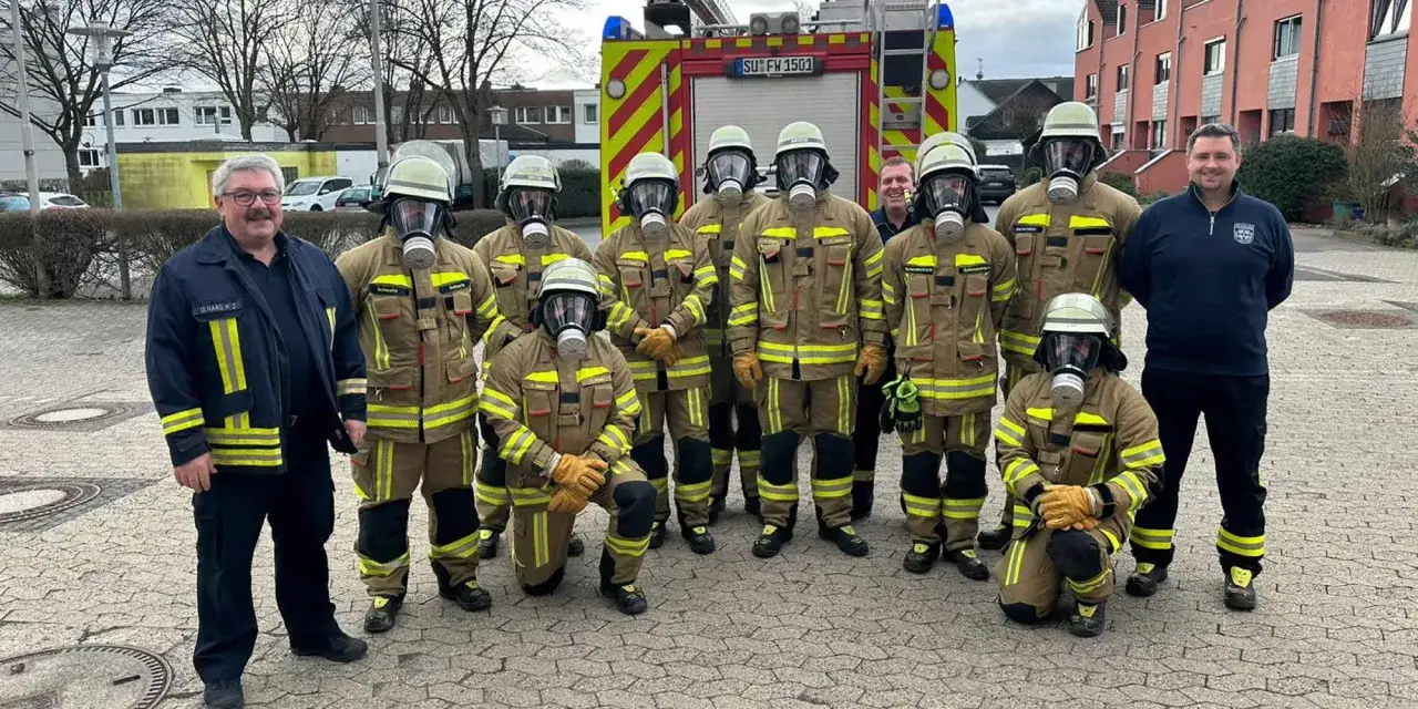 Eine Gruppe von Feuerwehrleuten, darunter eine Frau, in voller Schutzkleidung und Atemschutzgeräten posiert vor einem Feuerwehrauto.