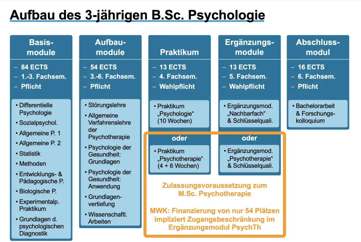 Aufbau des 3-jährigen B.Sc. Psychologie: Basis-, Aufbau-, Praktikums-, Ergänzungs- und Abschlussmodule. Ein Psychologie Studium mit vielen Facetten.
