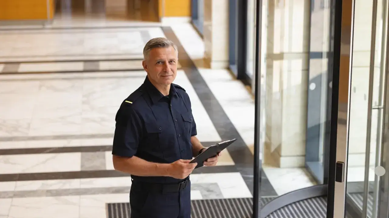 Ein Sicherheitsmann mit Klemmbrett im Foyer. Er fragt sich, wie viel verdient man als Security.