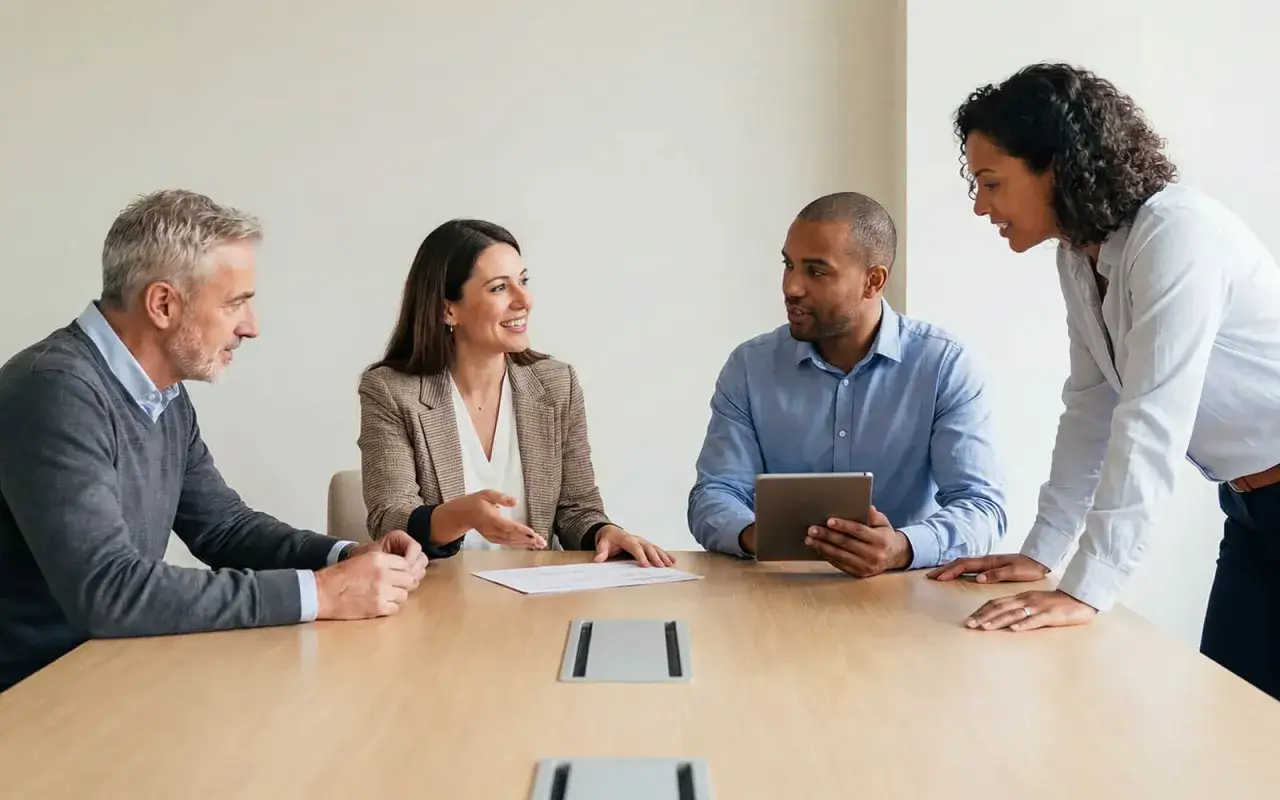 Vier Personen besprechen am Tisch ein Projekt. Sie diskutieren über das sozialmanagement gehalt und zukünftige Strategien.