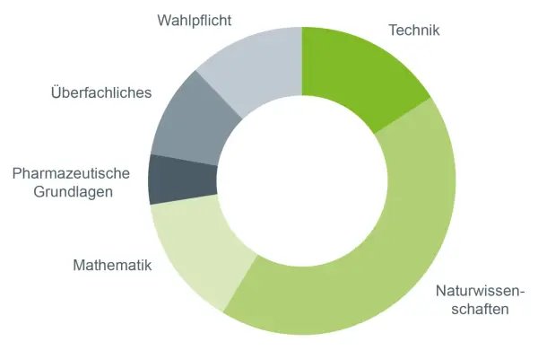 Kreisdiagramm zeigt die Module eines Studiums Biotechnologie: Naturwissenschaften, Mathematik, Pharmazeutische Grundlagen, Überfachliches und Wahlpflicht/Technik.