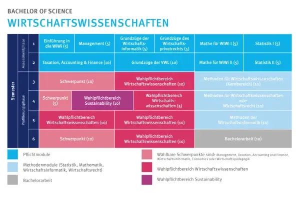 Studienplan für Wirtschaftswissenschaften: Module von Einführung bis Bachelorarbeit, die auf vielfältige wirtschaftswissenschaften berufe vorbereiten.